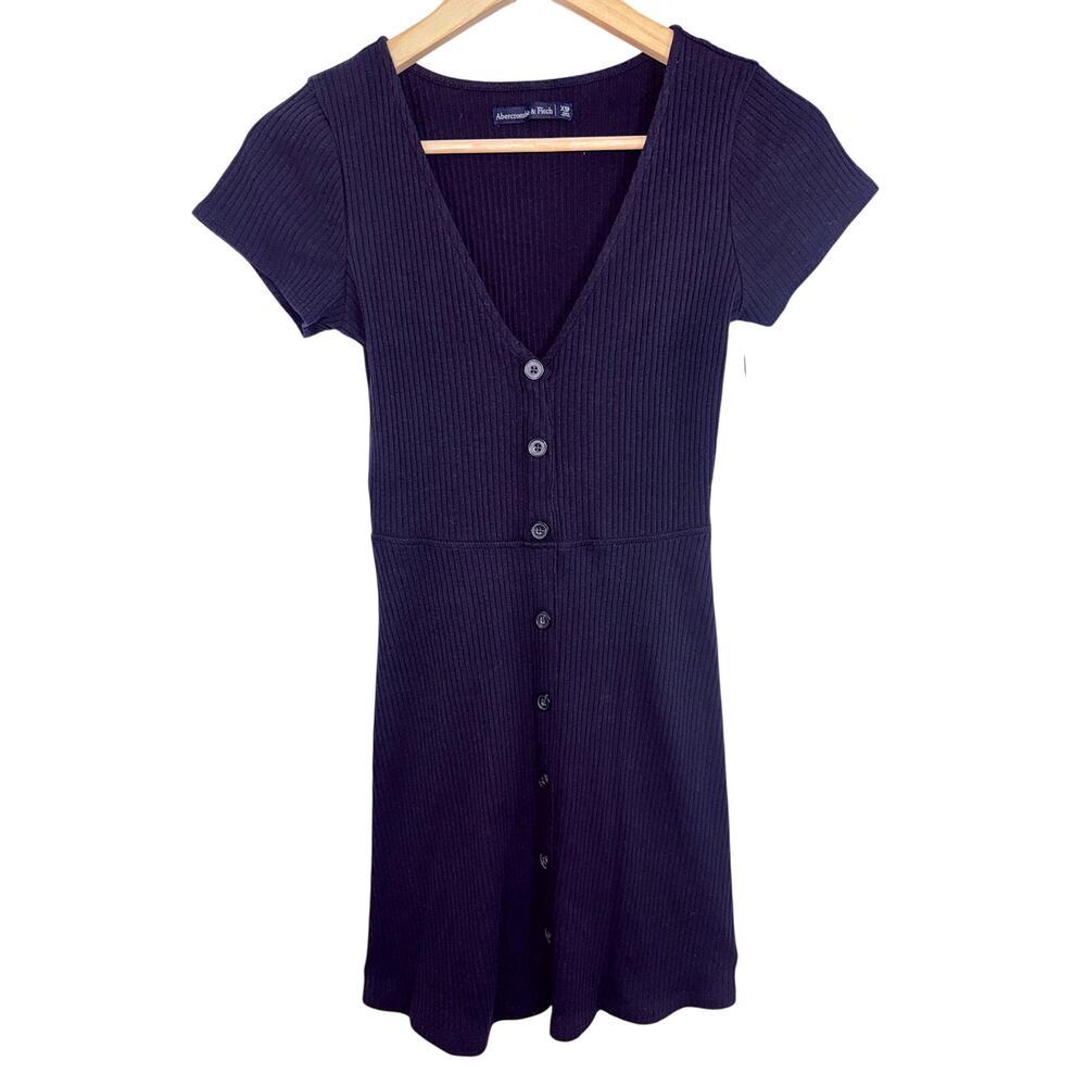 Abercrombie & Fitch Black Ribbed Knit V-Neck Short Sleeve Mini Dress Womens XS P